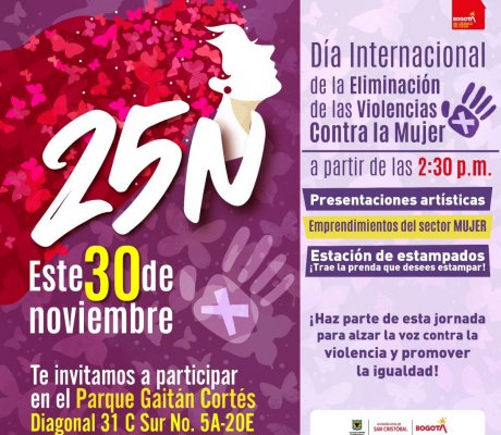 Este 30 de noviembre, el Parque Gaitán Cortés será el escenario para alzar la voz contra la violencia de género y celebrar la fuerza de las mujeres con presentaciones artísticas, un cine foro reflexivo, y una muestra de emprendimientos liderados por mujeres.  Trae una prenda para estampar un mensaje de igualdad y súmate a esta jornada transformadora por una vida libre de violencias.  ¡Te esperamos a partir de las 2:30 p.m. para construir juntos un futuro más justo!