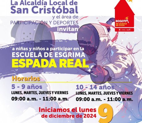 La Escuela de Esgrima Espada Real invita a niñas y niños de 5 a 14 años a vivir la emoción de este deporte lleno de estrategia y destreza. Iniciamos el lunes 9 de diciembre de 2024, con clases de lunes a viernes de 9:00 a.m. a 11:00 a.m. en dos categorías: 5-9 años y 10-14 años. Inscríbete aquí ▶️: https://bit.ly/3Vqmmx6  ¡No te pierdas esta oportunidad única! Invitan la Alcaldía Local de San Cristóbal y el área de Participación y Deportes .