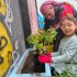 Niña y adulta realizan jornada de siembra en espacio urbano, promoviendo el cuidado ambiental y la recuperación del entorno.