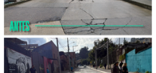 Imagen comparativa del antes y después de una vía en San Cristóbal Sur, evidenciando su recuperación y mejoramiento.