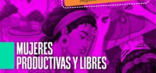 Afiche en tonos fucsia que invita a mujeres emprendedoras de San Cristóbal a inscribirse en “Mujeres Productivas y Libres” del 23 al 27 de febrero.